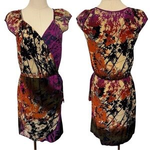 Charlie Jade 100% Silk Wrap Dress Sz S Dark Neutrals Floral Short Sundress EUC